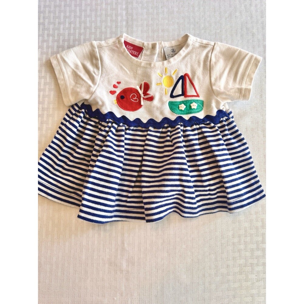 Kids Headquarters Nautical Baby Girl Dress 18 Months Sailboat Fish Striped Blue